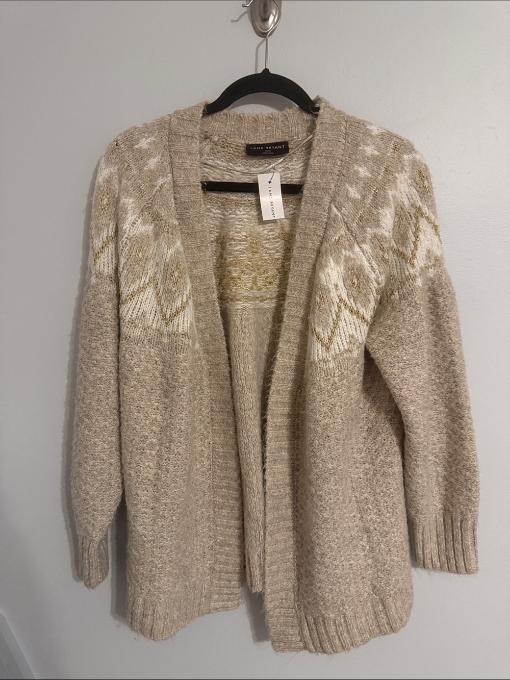 Lane Bryant Beige and Cream Fair Isle Open Cardigan